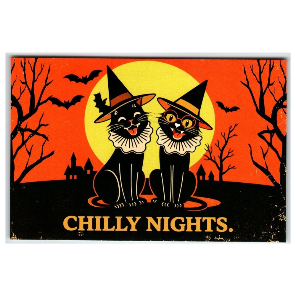 Vintage Style Halloween Postcard Black Cats Witch Hats Full Moon Chilly Nights